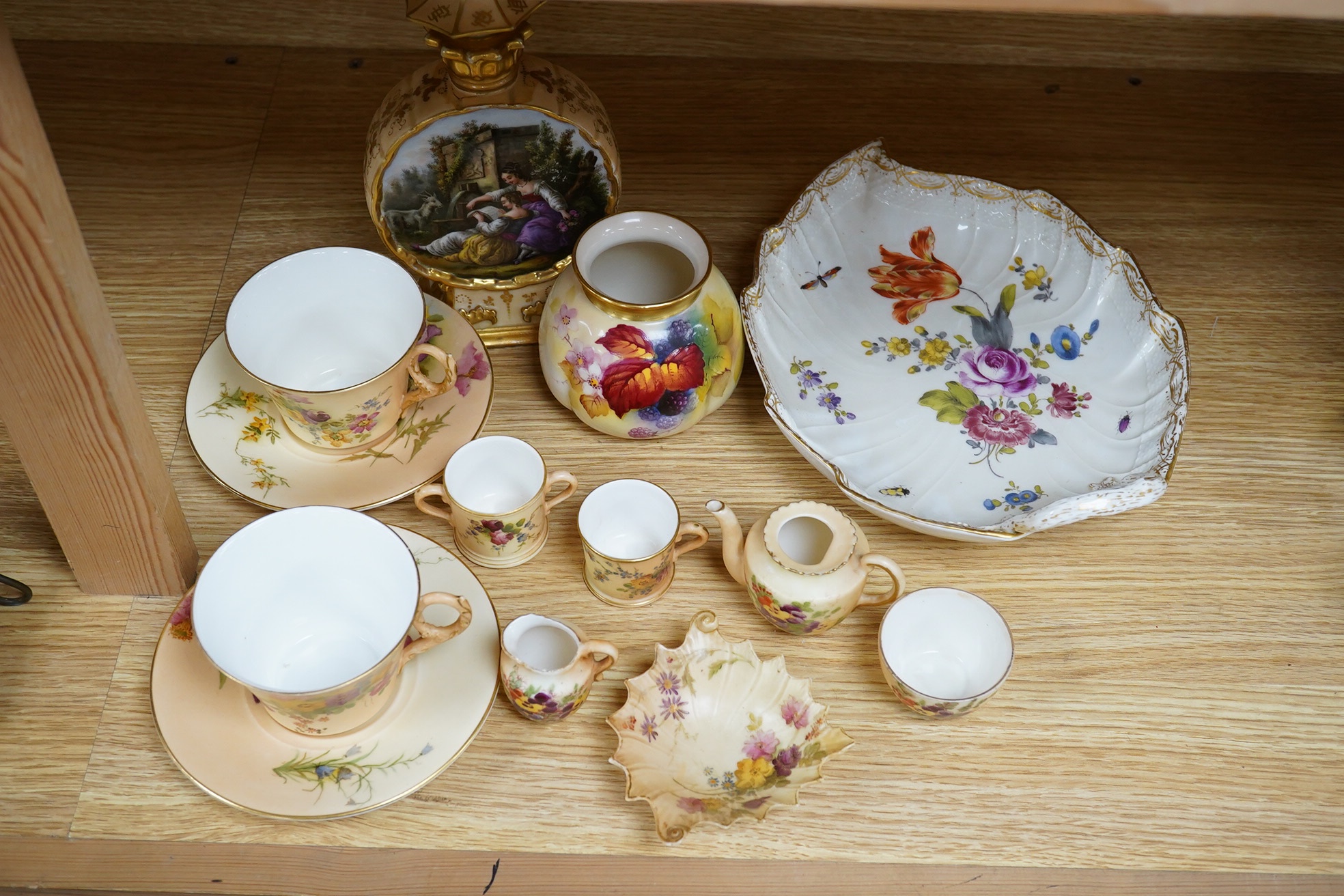 Royal Worcester including a Kitty Blake blackberry vase, a Berlin leaf dish, and a French painted moon flask, latter 21.5cm. Condition - fair to good